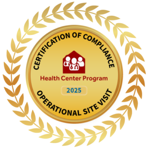 A gold certification of compliance badge for operational site visit 2025