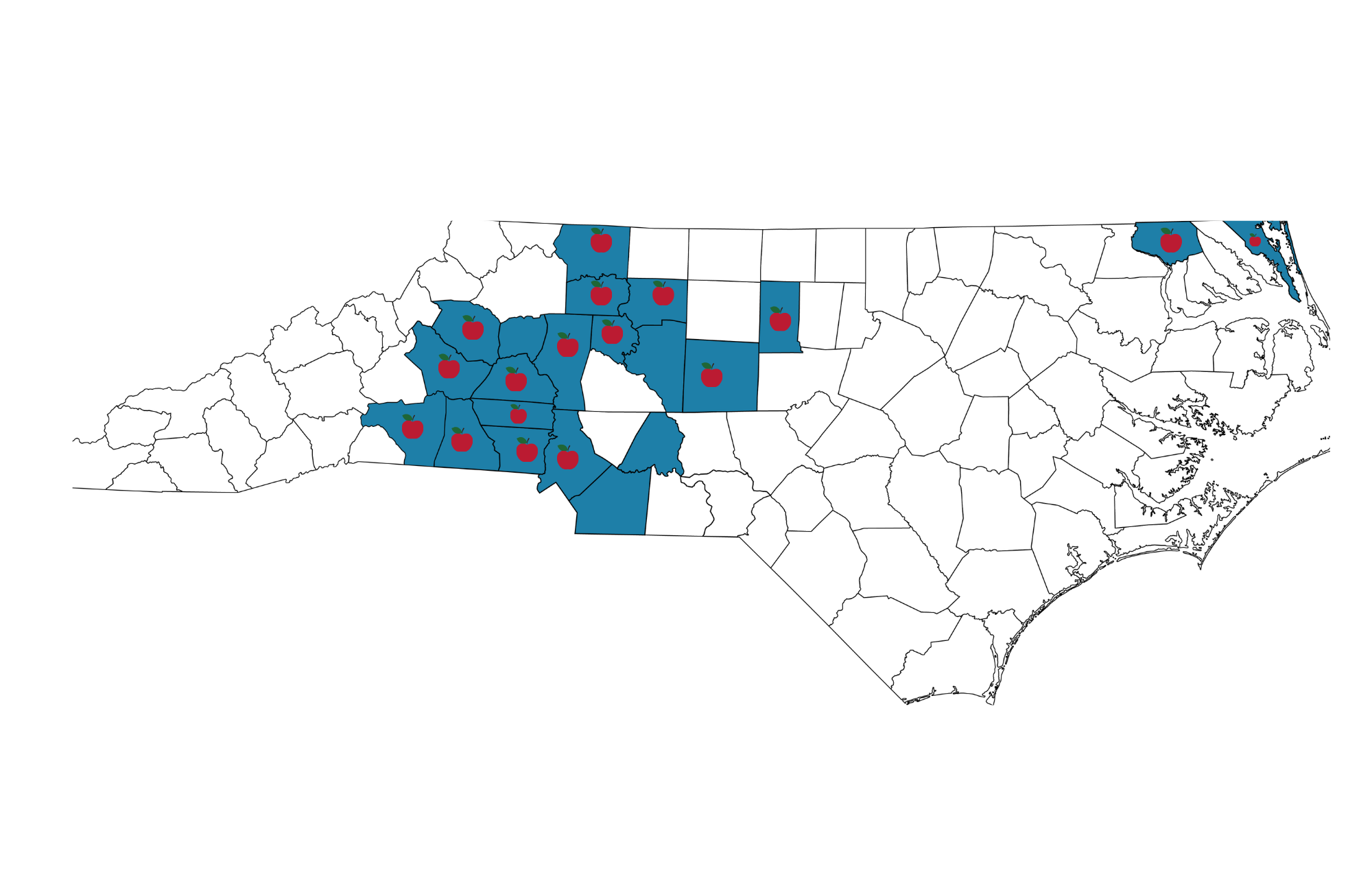 Map of North Carolina showing selected counties highlighted in blue and marked with apple icons. Highlighted counties are concentrated primarily in the western and north-central regions of the state, with additional highlighted counties in the northeastern region.