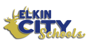 The image displays the Elkin City Schools logo on a light gray background. The central design features a large gold silhouette of an elk's head with prominent antlers. The elk graphic extends behind the text and serves as the primary visual element of the logo. Overlaying the elk are the words: “ELKIN” “CITY” Both words appear in large, bold blue capital letters with a subtle shadow effect. The word “ELKIN” is positioned above “CITY.” Across the lower portion of the logo, the word: “Schools” appears in a flowing gold script font, partially overlapping the word “CITY.” The logo uses a blue-and-gold color scheme and combines the elk mascot imagery with bold typography to represent Elkin City Schools.
